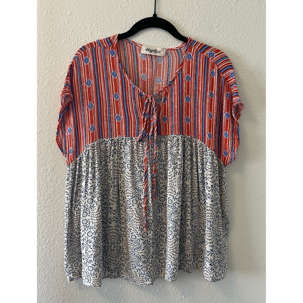 Haptics by Holly Harper Women's Top Size M Babydoll Boho Mixed Pattern Tie Front